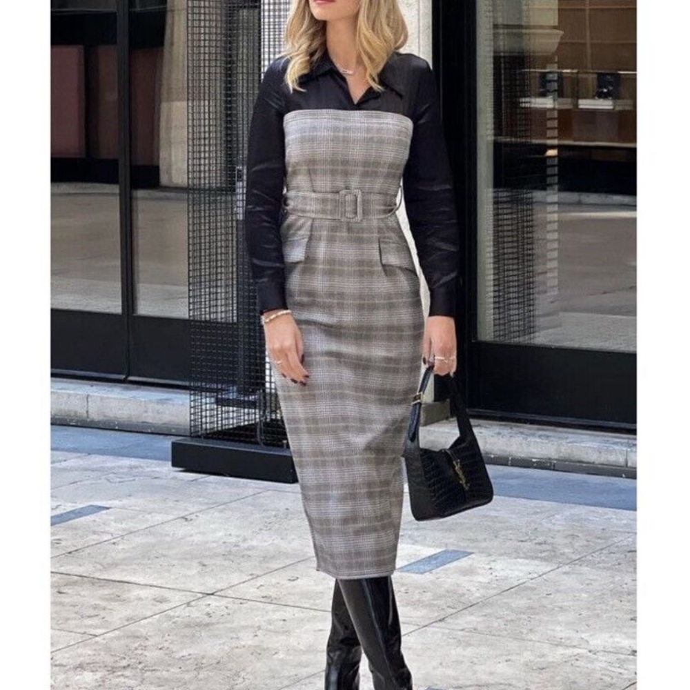 NWT Zara Contrast Plaid Over Black Collared Shirt Belted Midi Dress Small